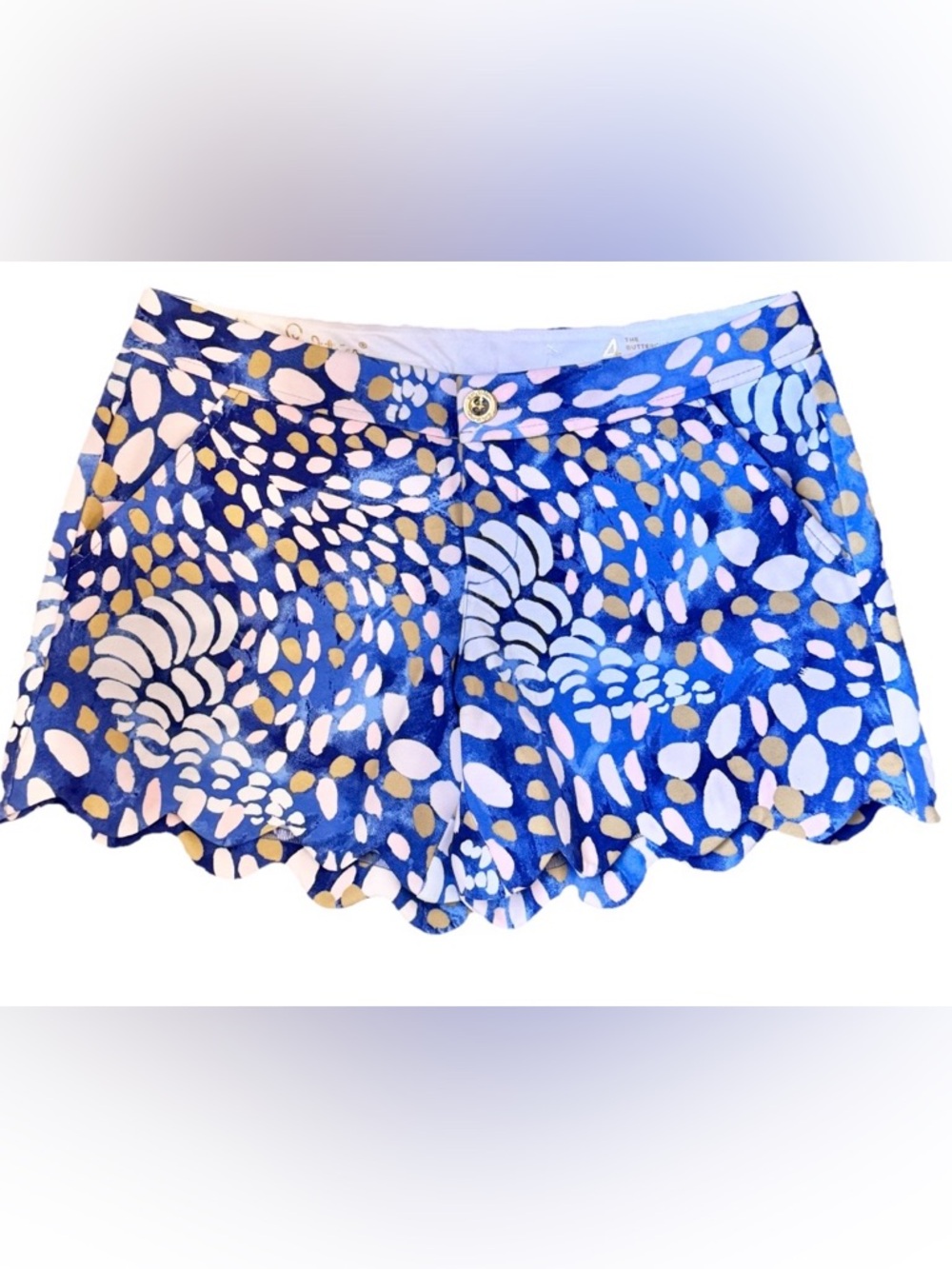 LILLY PULITZER Blue, White & Gold Scallop Hem Buttercup Knit Shorts SIZE 4 EUC